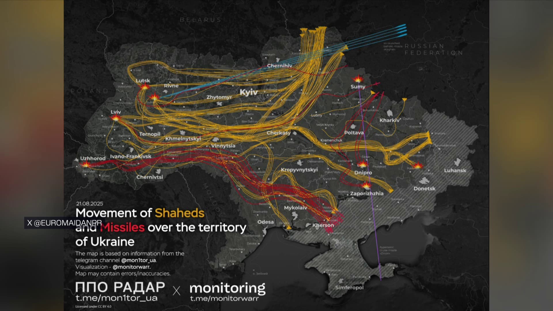 Carte répertoriant les tirs de drones et de missiles russes en Ukraine dans la nuit du 20 au 21 août 2025