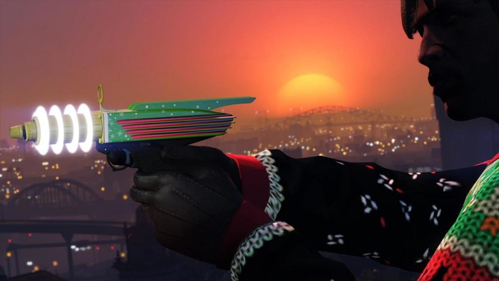 Le pistolet Up-n-Atomizer dans GTA Online, l'arme dispose du motif exclusif de noël
