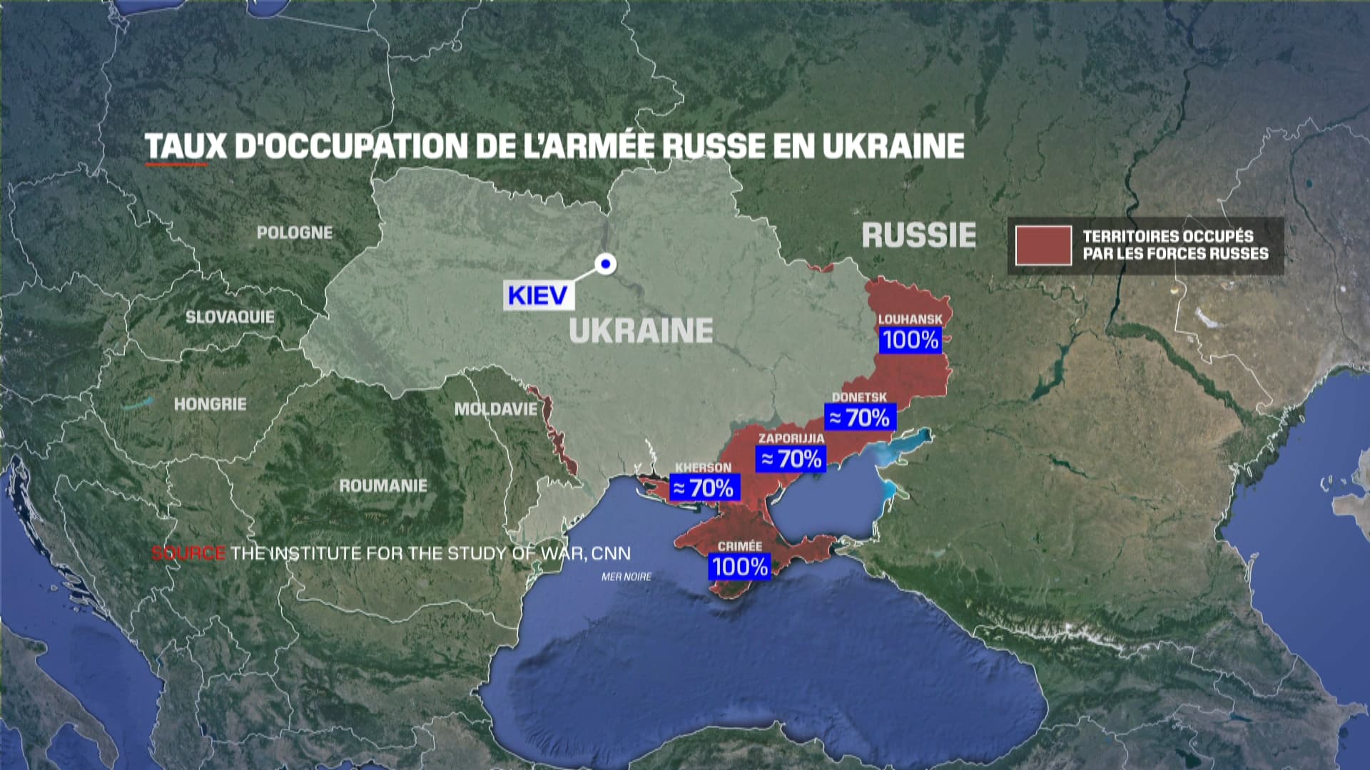 Le taux d'occupation de l'armée russe dans plusieurs régions de l'Ukraine au lundi 18 août 2025.
