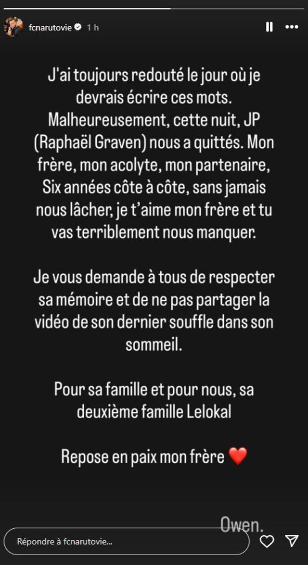 Le streamer Naruto a rendu hommage à Jean Parmanove sur Instragram. INSTAGRAM/@fcnarutovie
