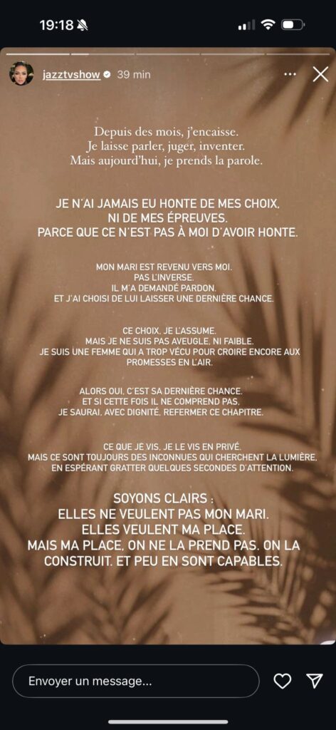 "Ce n’est pas à moi d’avoir honte", Jazz confirme que son mari Laurent est infidèle et le menace en public : "Une dernière chance"
