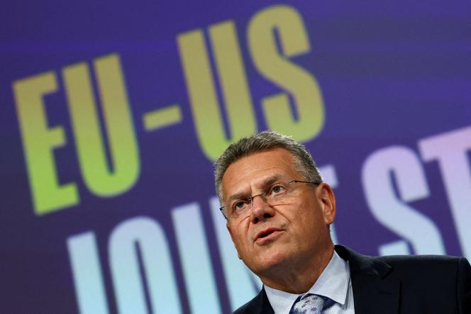 Le commissaire européen au commerce, Maros Sefcovic, lors d’une conférence de presse à Bruxelles, le 21 août 2025.