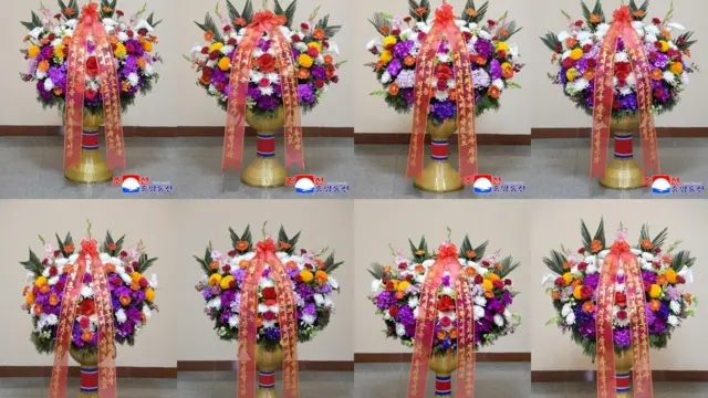 Une image composite des fleurs envoyées à Kim Jong Un par diverses entreprises de construction russes en avril, selon les médias d'État nord-coréens.