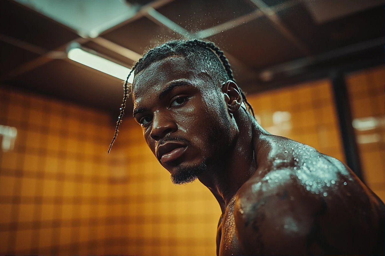 Homme musclé suant, tresses, regard intense en salle