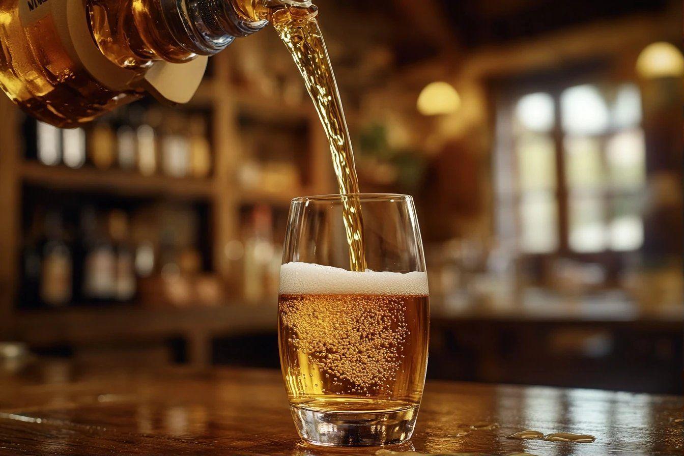 Bière blonde mousseuse versée dans un verre de bar