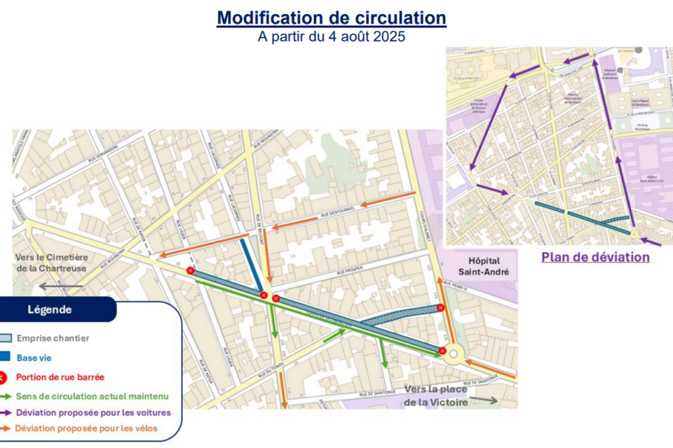 Le chantier du cours de la Libération et de la rue du Tondu, à Bordeaux, à partir de ce lundi 4 août 2025.