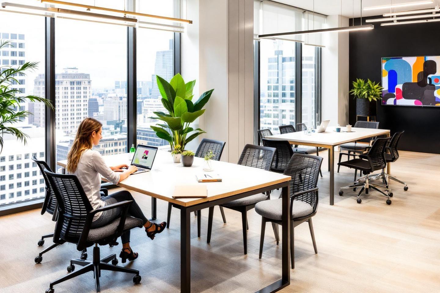 Espace de travail lumineux avec vue sur gratte-ciels et plantes vertes