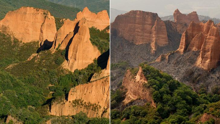 Las Medulas, dans la municipalité de Carucedo, le 4 septembre 2024 (à gauche) et le même endroit photographié le 11 août 2025 (à droite) après qu’un incendie de forêt a ravagé la région.