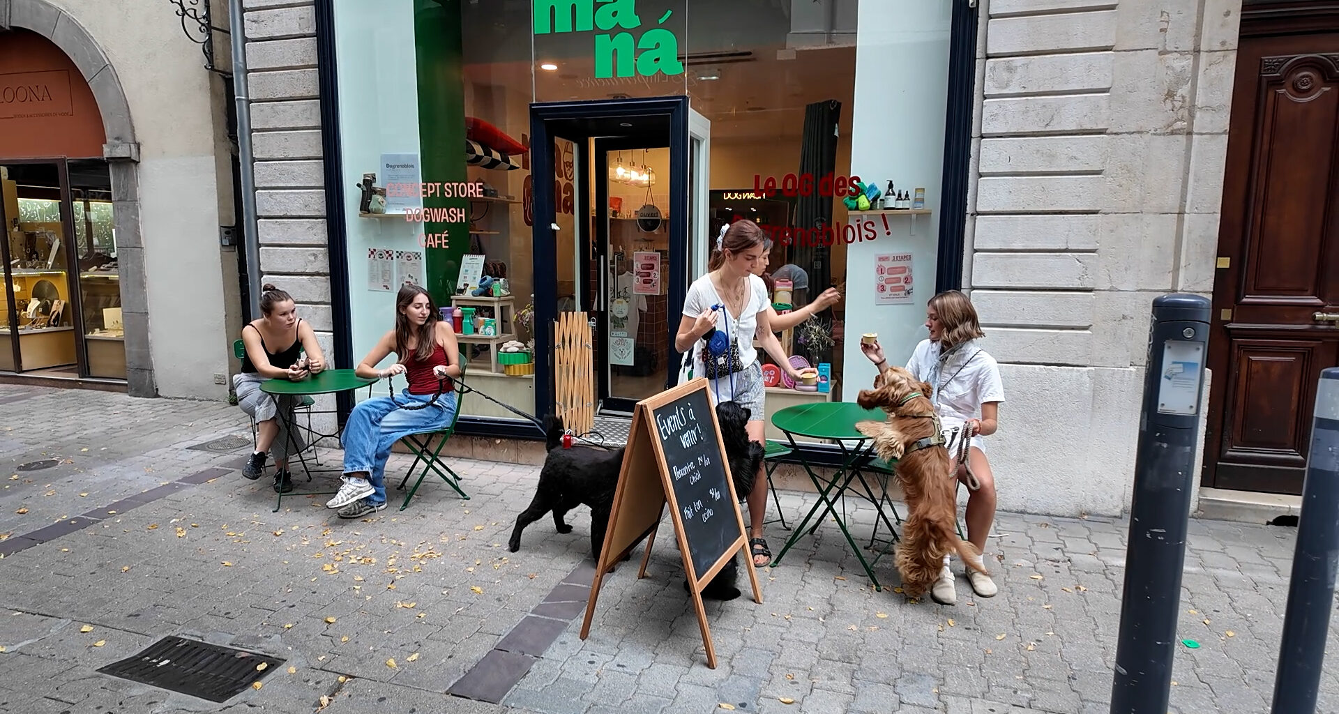 La terrasse du café et concept store pour chiens baptisé Manan rue Saint-Jacques à Grenoble. © Joël Kermabon - Place Gre'net