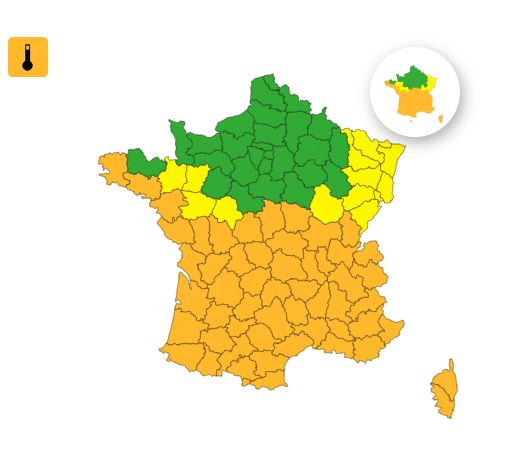 Au total, 54 départements ont été placés en vigilance orange en raison des fortes chaleurs par Météo-France, le 16 août 2025. (METEO-FRANCE)