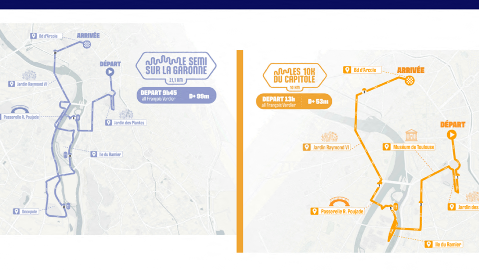 A gauche, le tracé du semi-marathon. A droite, celui du 10 km.