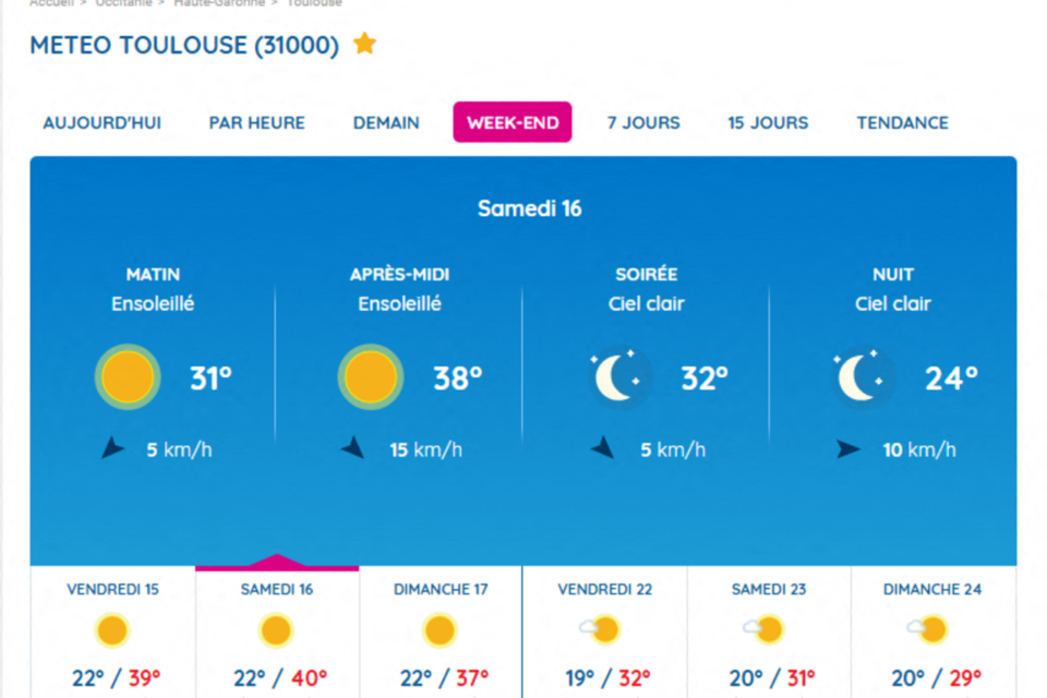 Les prévisions Météo France pour le week-end de l'Assomption à Toulouse.