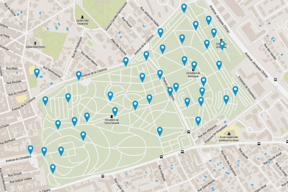 Voici les emplacements des fontaines au cimetière Terre Cabade. 