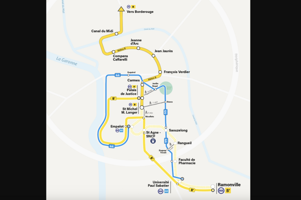 Le plan du bus relai B' mis en place par Tisséo;
