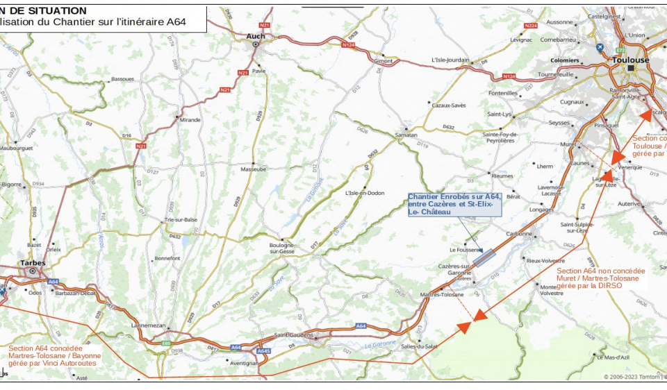 Voici le secteur concerné sur l'A64 par ces travaux. 