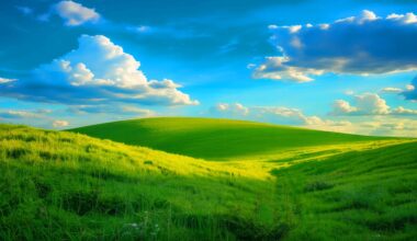 Illustration de l'emblématique fond d'écran « Bliss » de Windows XP, photographie capturée par Charles O'Rear en Californie.
