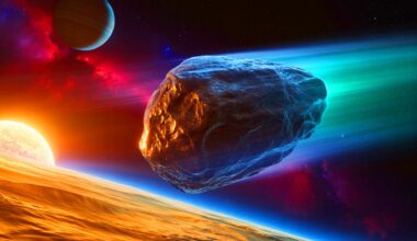 Illustration de l'objet interstellaire A11pl3Z traversant notre Système solaire à grande vitesse.