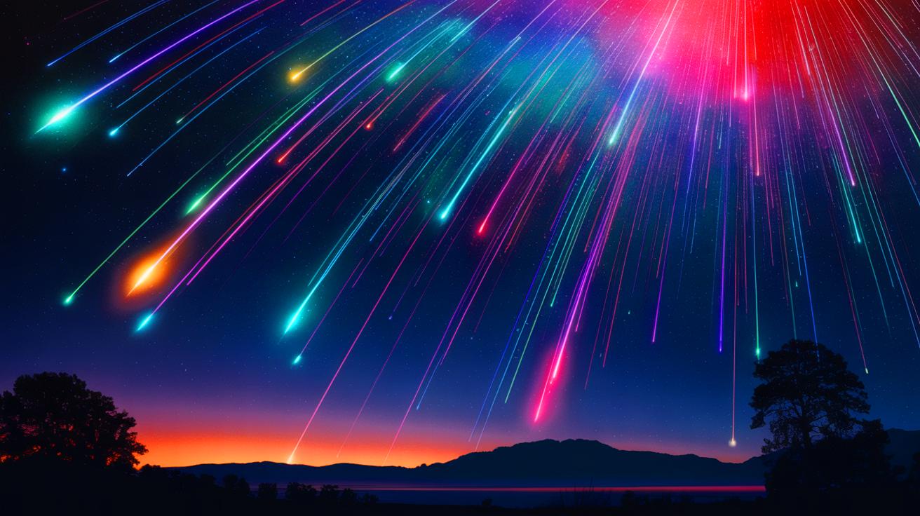 Illustration de la pluie d'étoiles filantes des Perséides illuminant le ciel nocturne.