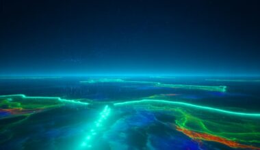 Illustration de la lueur turquoise des phytoplanctons bioluminescents visible depuis l'espace au large de l'Australie.