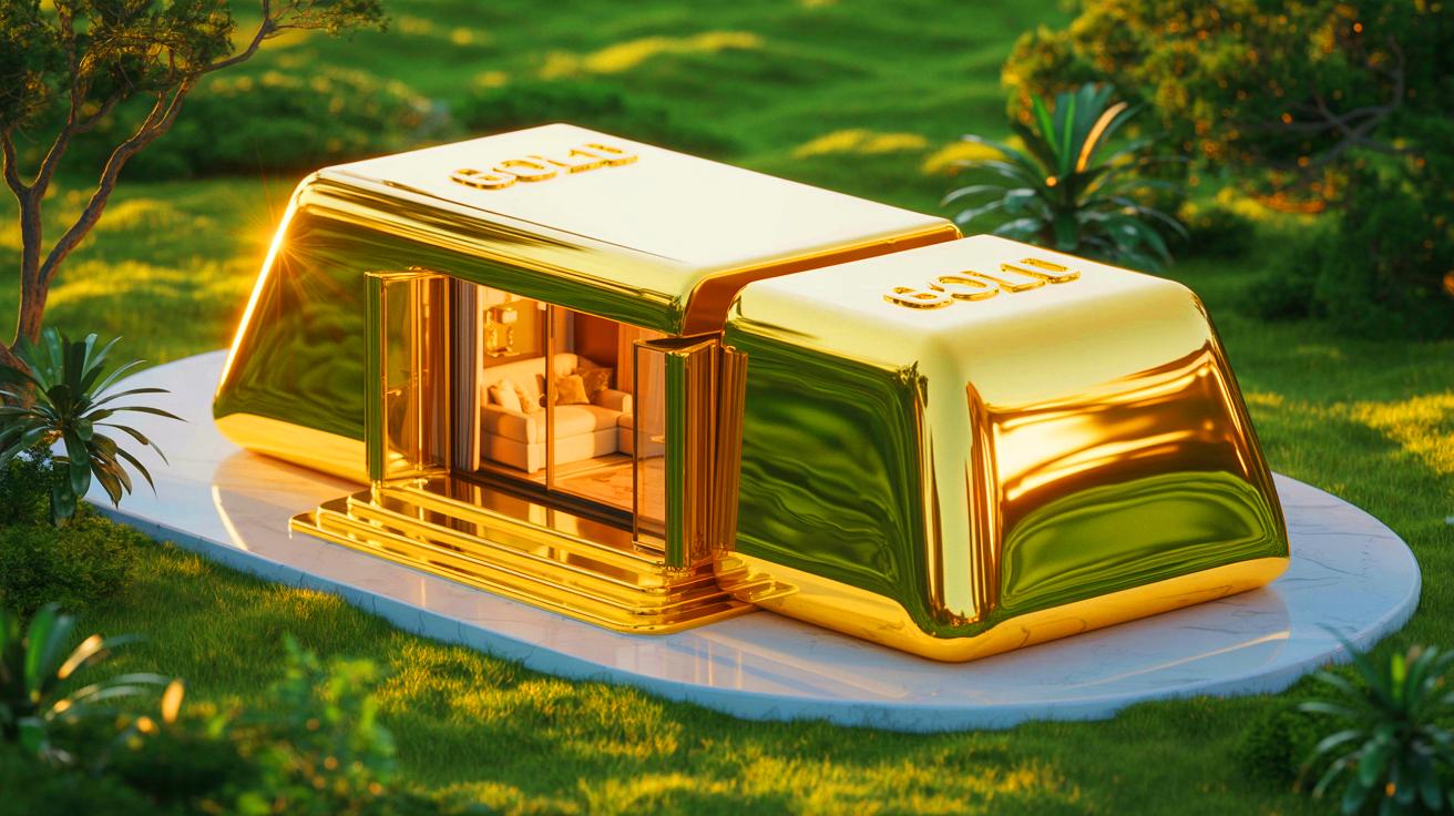 Illustration de la Golden House, mini-maison en forme de lingot d'or conçue par ÖÖD House.