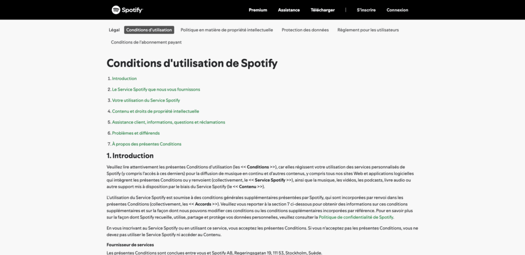 Les (longues) conditions d'utilisation de Spotify // Source : Capture Numerama