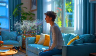 Illustration de la présence de microplastiques dans l'air intérieur et leurs impacts sur la santé respiratoire.