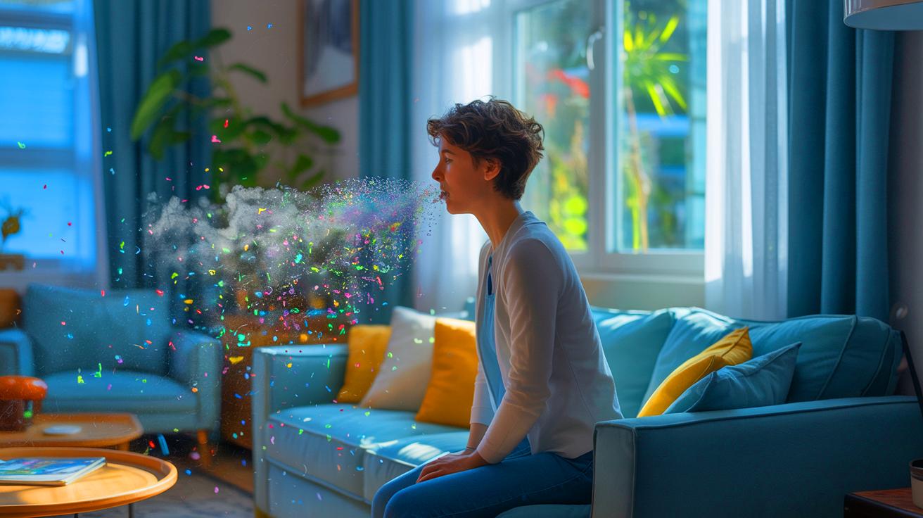 Illustration de la présence de microplastiques dans l'air intérieur et leurs impacts sur la santé respiratoire.