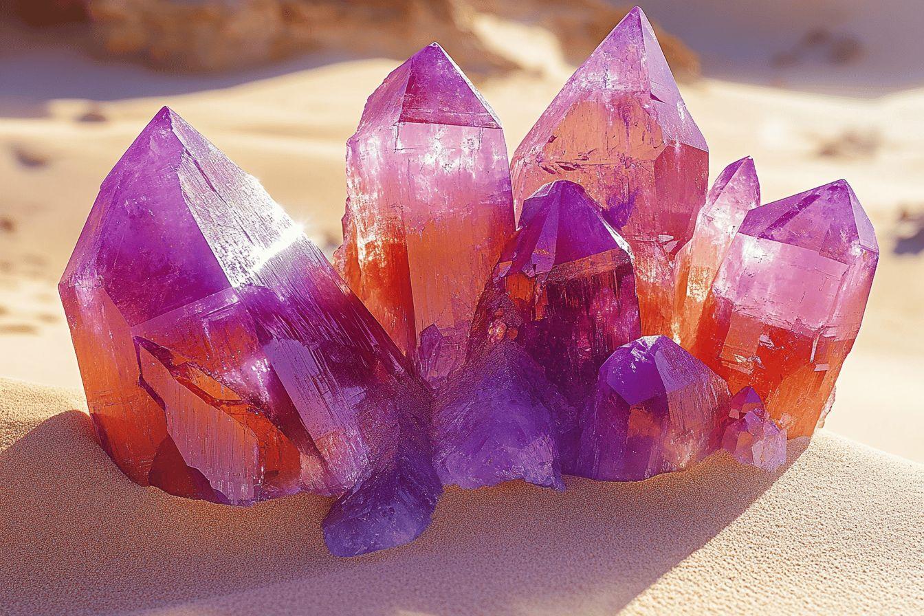 Groupe de cristaux pointus aux couleurs vibrantes sur sable
