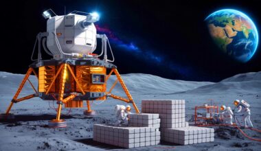 Illustration de la machine chinoise transformant le sol lunaire en briques grâce à l'énergie solaire.