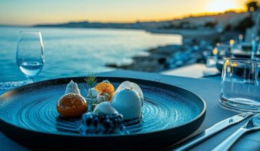 Assiette bleue avec plat élégant, coucher de soleil maritime