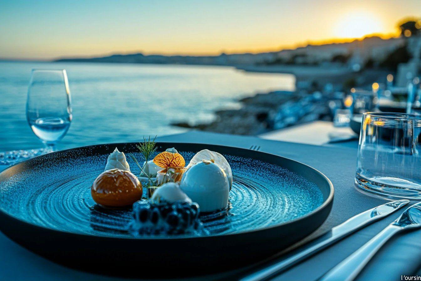 Assiette bleue avec plat élégant, coucher de soleil maritime