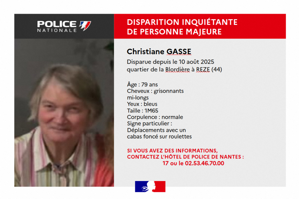 Christiane Gasse a disparu à Rezé, dimanche 10 août 2025.