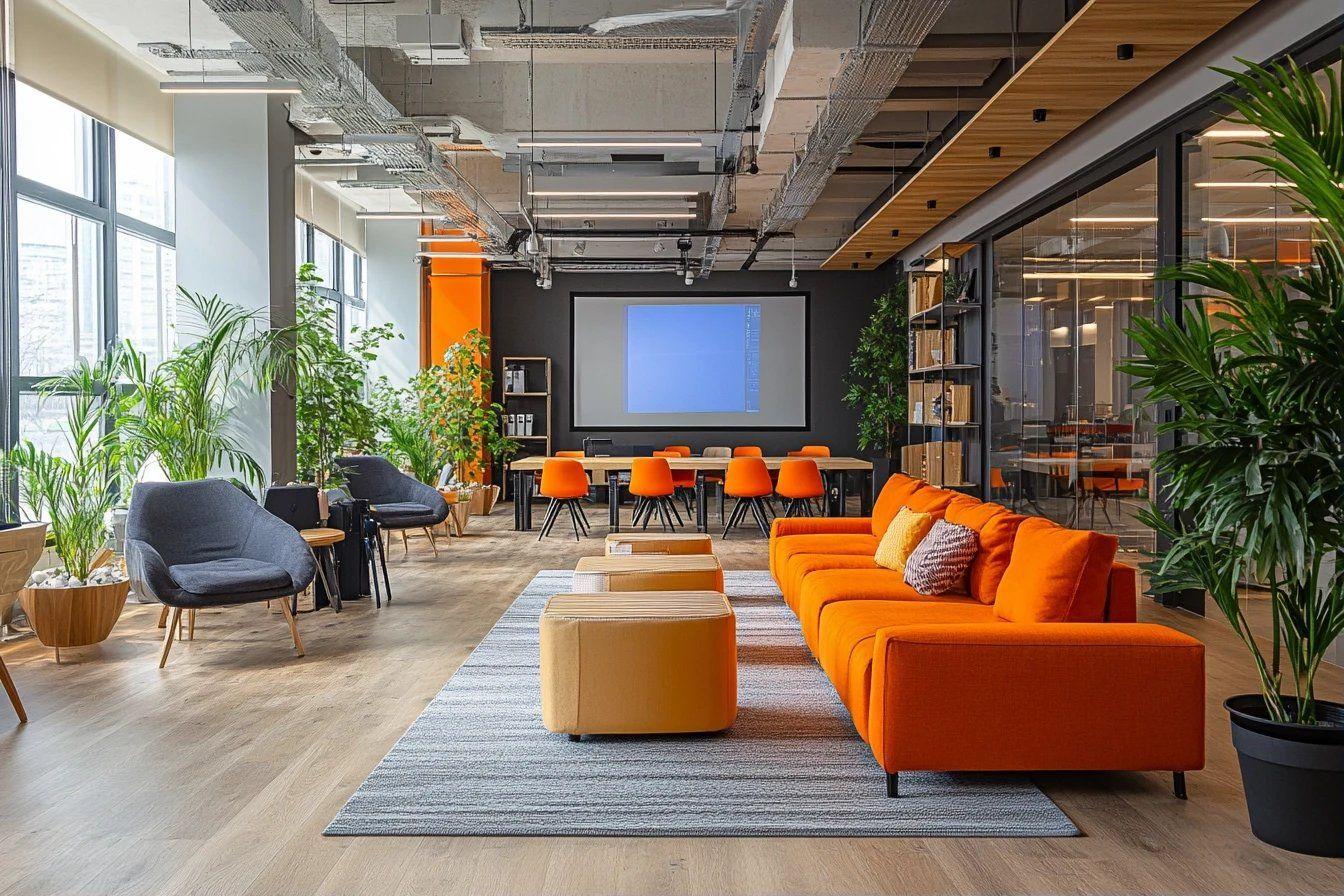 Salle de réunion design avec mobilier orange et plantes vertes
