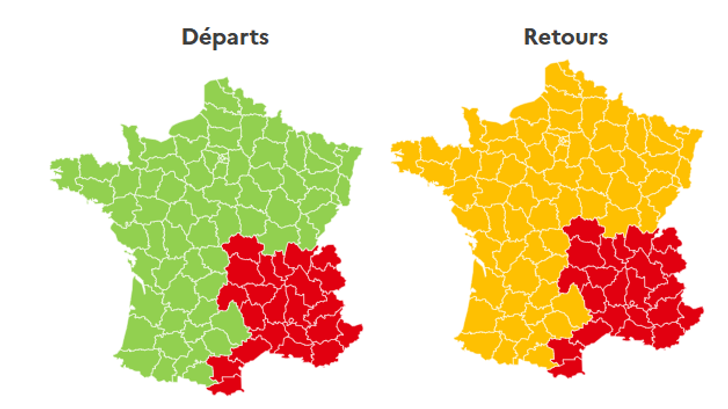 Dimanche 17 août, dans le sens des départs, la journée est classée en vert au niveau national, mais toujours en rouge en Auvergne-Rhône-Alpes et sur la façade méditerannéenne.