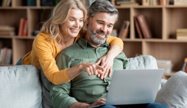 Happy Middle Aged Couple With Laptop Ordering Things From Internet Together