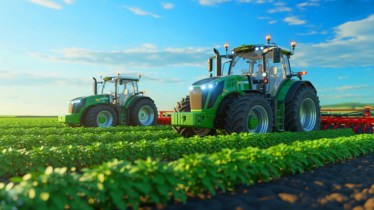 Illustration de tracteurs intelligents affectés par des tempêtes solaires perturbant les signaux GPS.