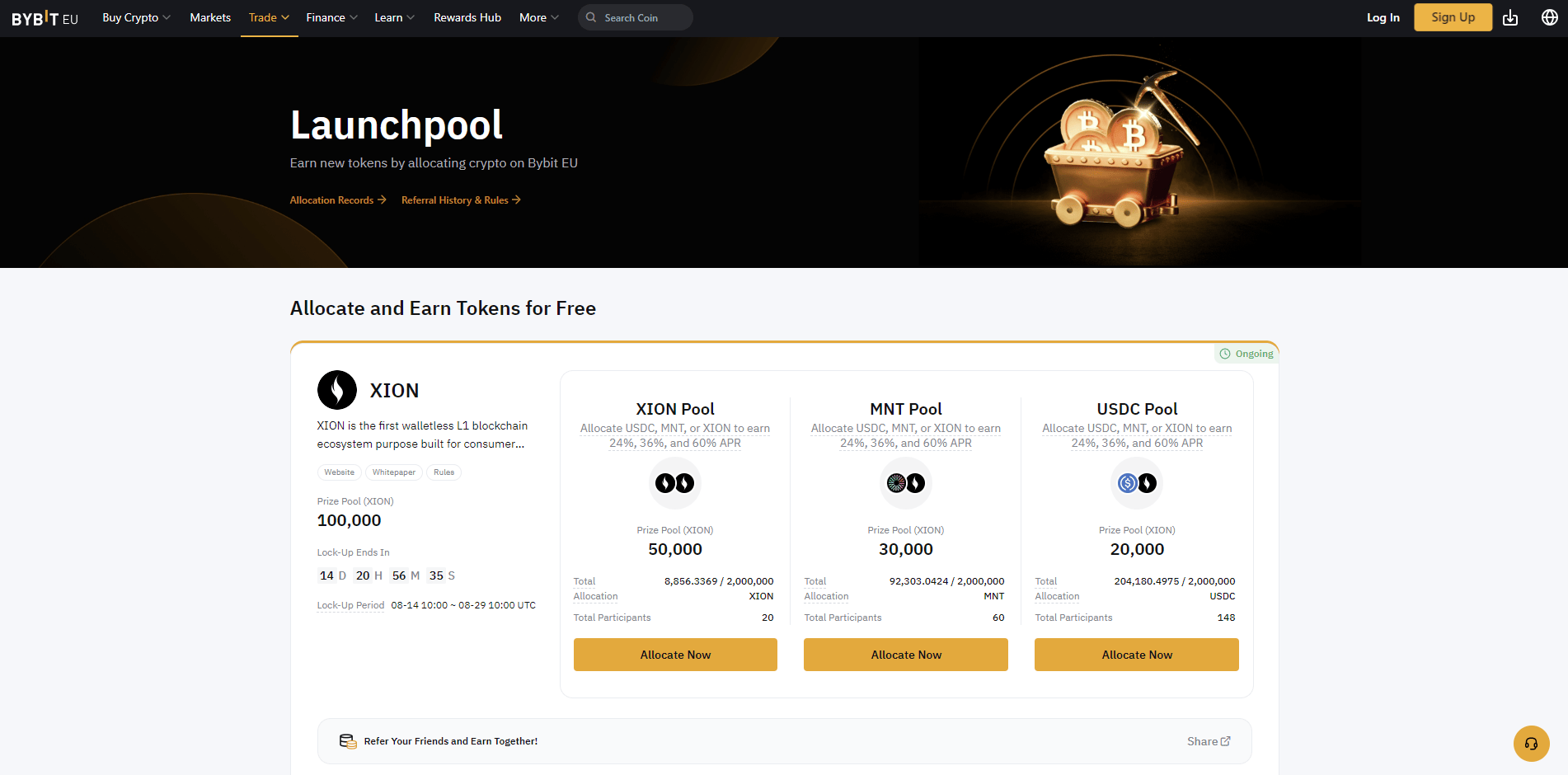 Page du Launchpool de XION sur Bybit