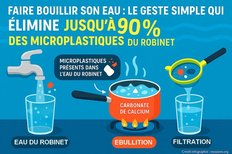 Infographie : comment l’ébullition et une simple filtration permettent d’éliminer jusqu’à 90 % des microplastiques présents dans l’eau du robinet.