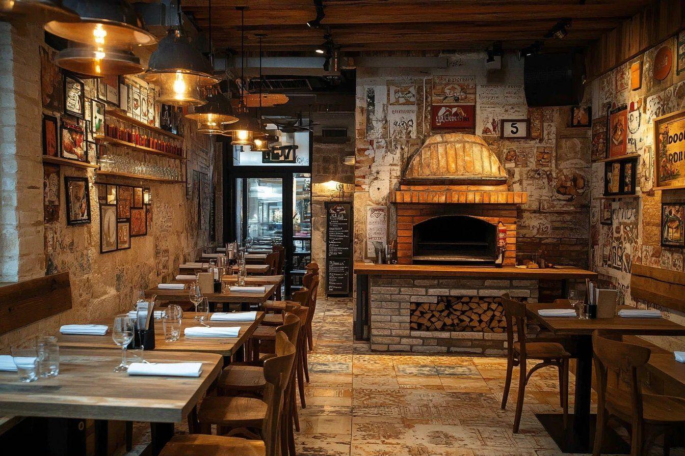 Four en brique, tables en bois et luminaires vintage dans un restaurant