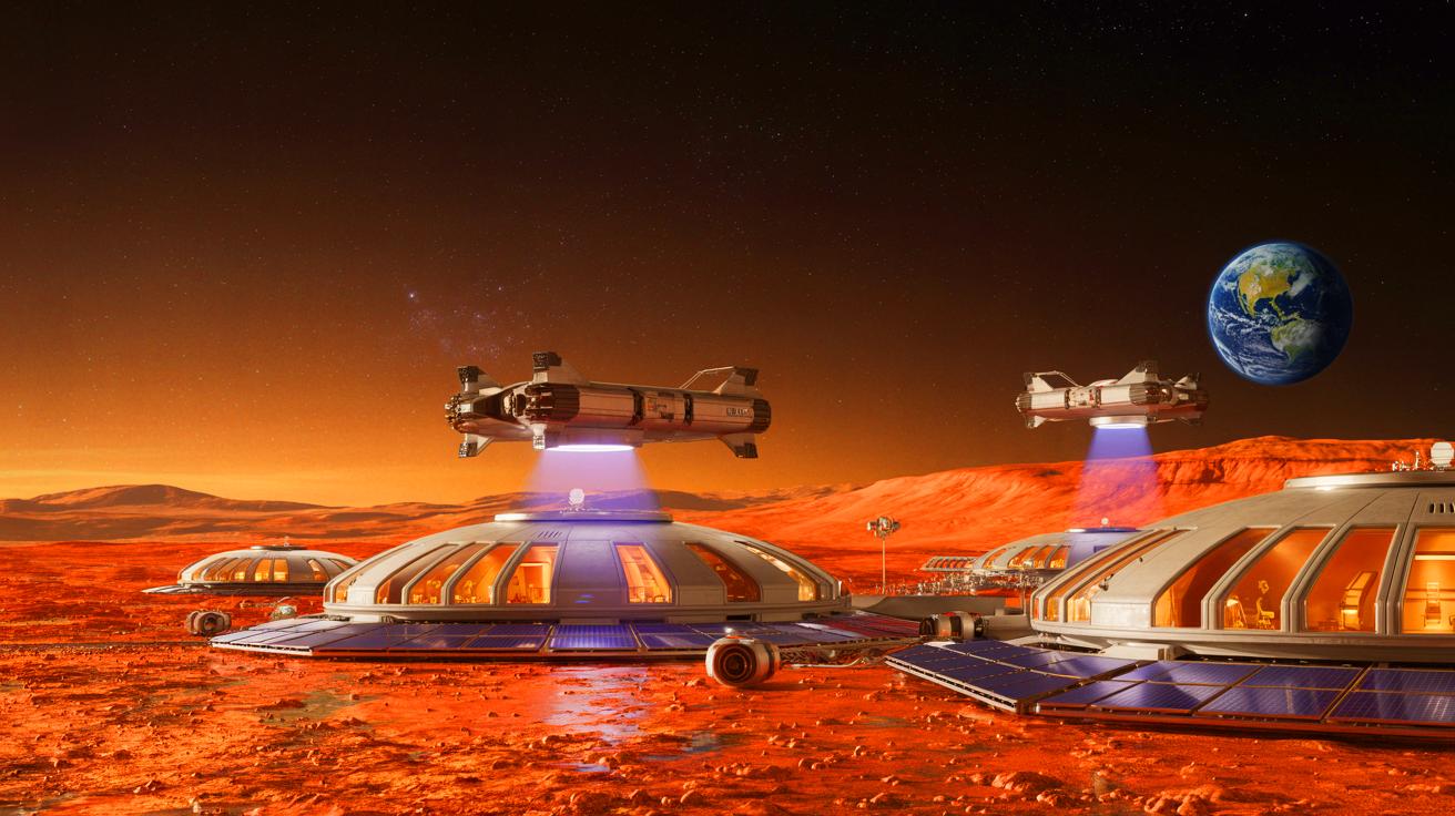 Illustration de la vision d'Elon Musk pour la colonisation de Mars face aux menaces cosmiques.