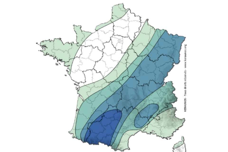 Sur cette carte du site Keraunos, on voit que la probabilité d'orages est très élevées sur la Haute-Garonne et plusieurs départements voisins (en bleu foncé) pour mercredi 27 août 2025.