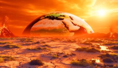 Illustration de la formation future du supercontinent Pangée Ultima et ses conséquences climatiques extrêmes.