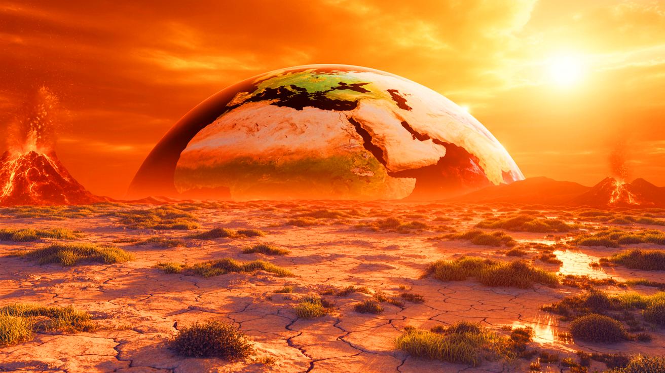 Illustration de la formation future du supercontinent Pangée Ultima et ses conséquences climatiques extrêmes.