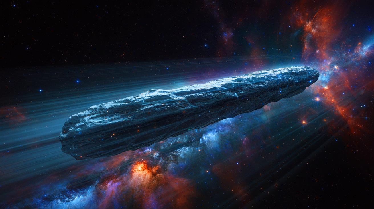 Illustration de l'objet interstellaire A11pl3Z traversant notre Système solaire à grande vitesse.