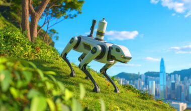Illustration de chiens robots pulvérisant des insecticides pour lutter contre le virus Chikungunya à Hong Kong.