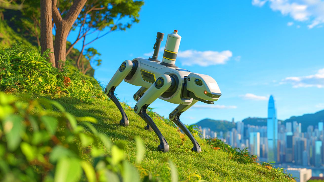 Illustration de chiens robots pulvérisant des insecticides pour lutter contre le virus Chikungunya à Hong Kong.