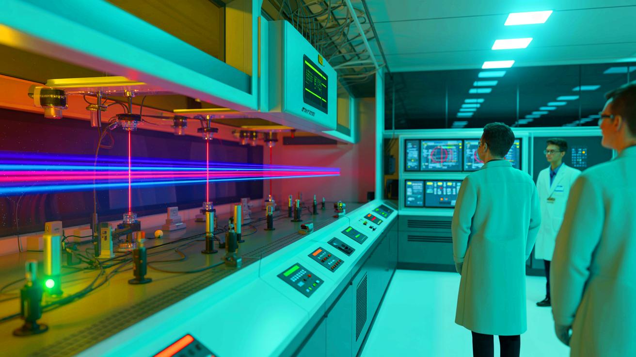 Illustration de l'utilisation du laser NIKE par le laboratoire de recherche navale des États-Unis pour simuler les conditions extrêmes des armes nucléaires.