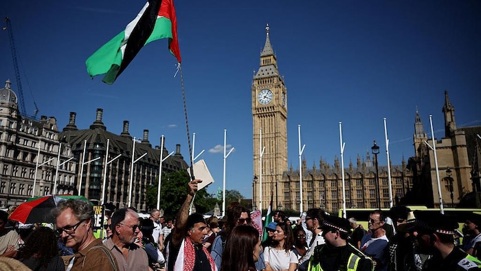 Un manifestant brandit un drapeau palestinien lors d'une manifestation.