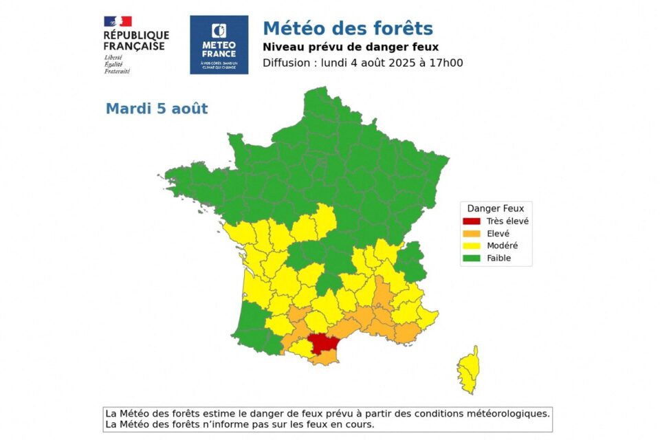 Ce risque élevé (orange) ou très élevé (rouge) de feux concerne au total dix départements du sud de la France ce mardi