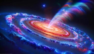 Illustration de la galaxie spirale 2MASX J23453268−0449256 avec ses jets radio géants.